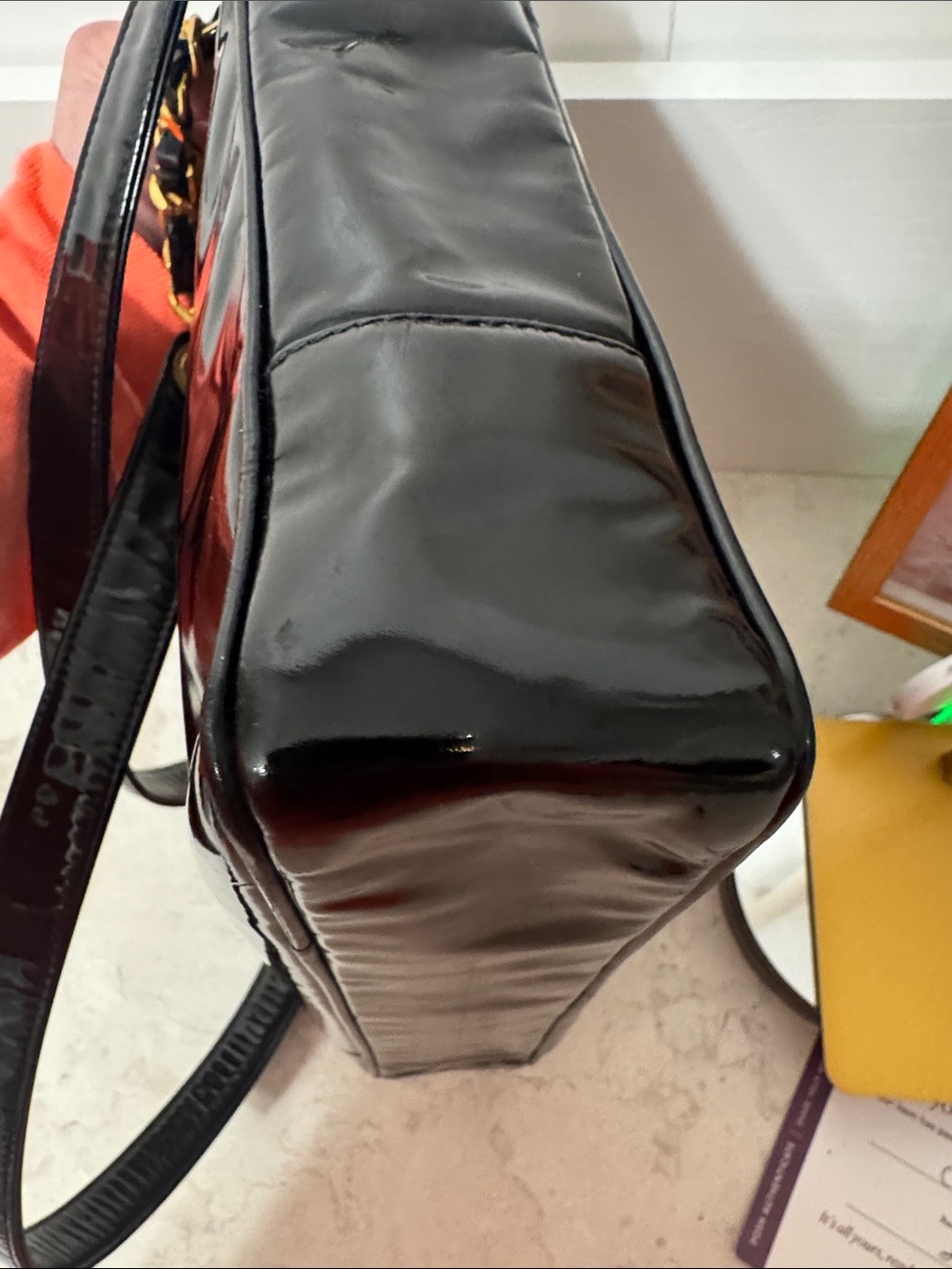 Black Patent Leather Shoulder Tote with Gold Hardware - Picture 11 of 17